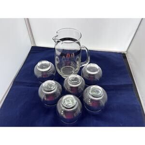 Vintage MCM Libbey Silver Band Small 6” Pitcher With Six Small Roly Poly Glasses